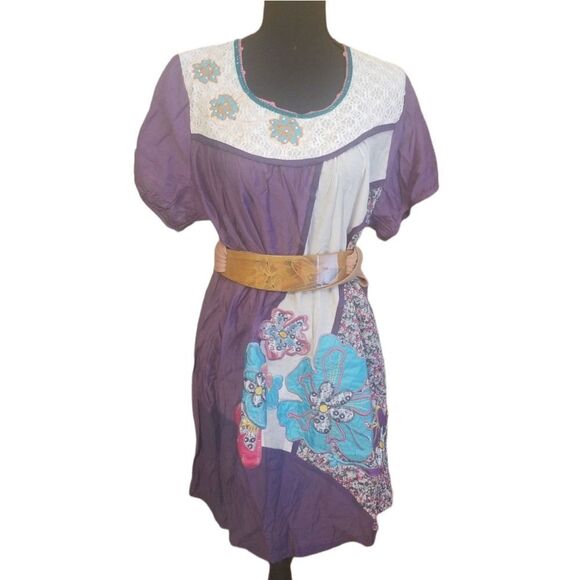 Sacred Threads Dress Women's Size Medium Purple Boho Short Sleeve Floral New - Picture 2 of 9